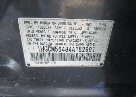 2004 Honda Accord 2.4 Lx z USA, uszkodzony, nr VIN 1HGCM56484A152991